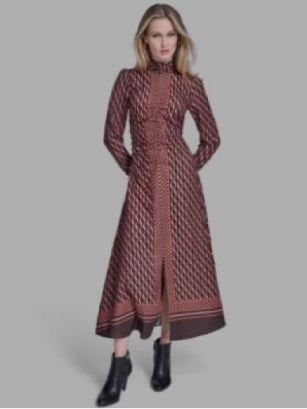 BCBG Burgundy Geo-Print Long Sleeve Maxi Dress